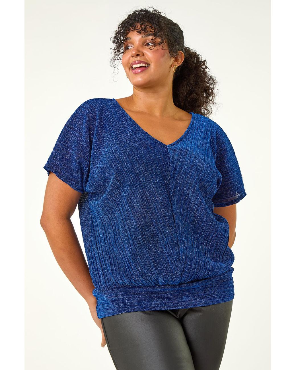 Roman Curve Blue Metallic Plisse Banded Top