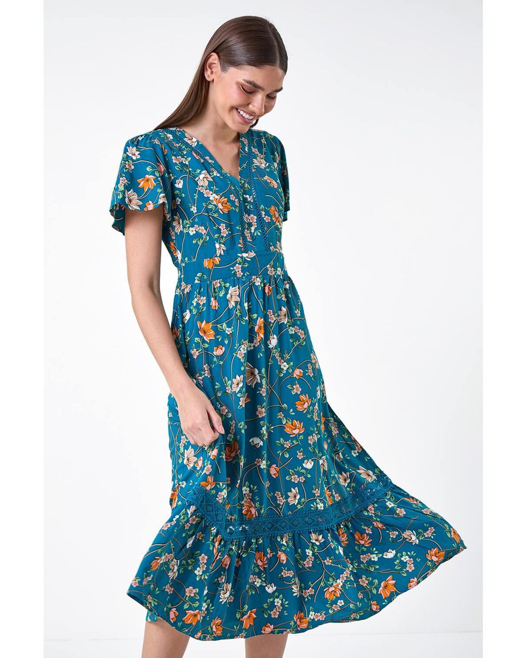 Roman Blue Floral Lace Trim Pocket Midi Dress