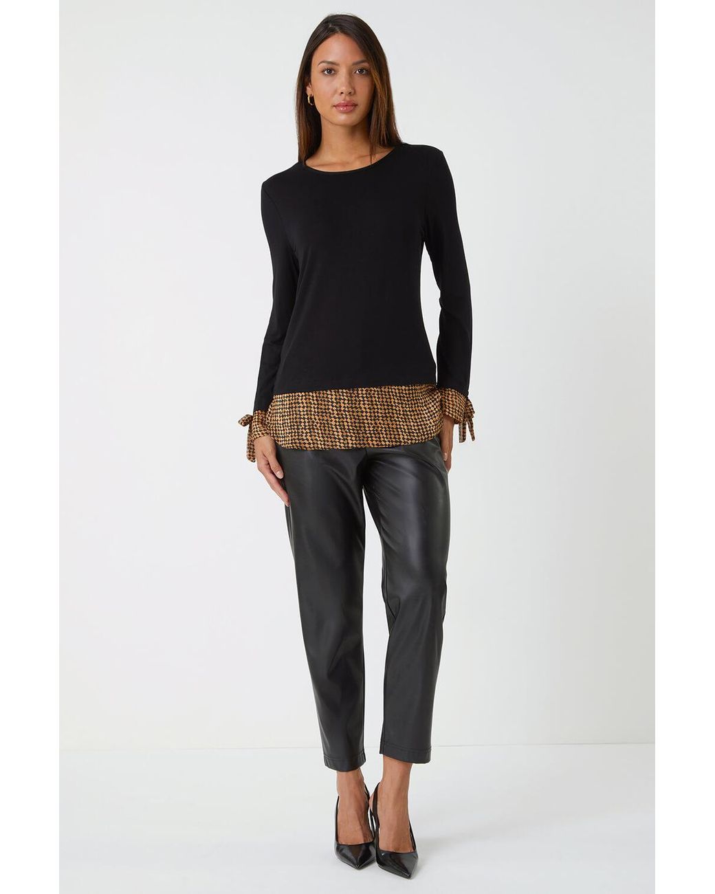 Roman Black Chiffon Hem Tie Cuff Stretch Top