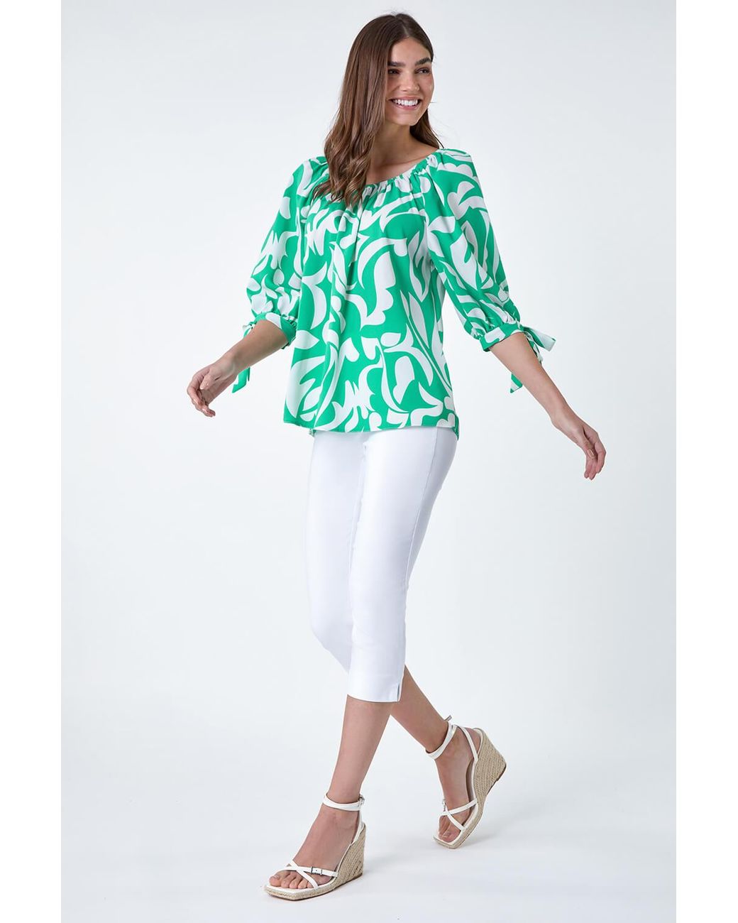 Roman Green Printed Tie Sleeve Bardot Top