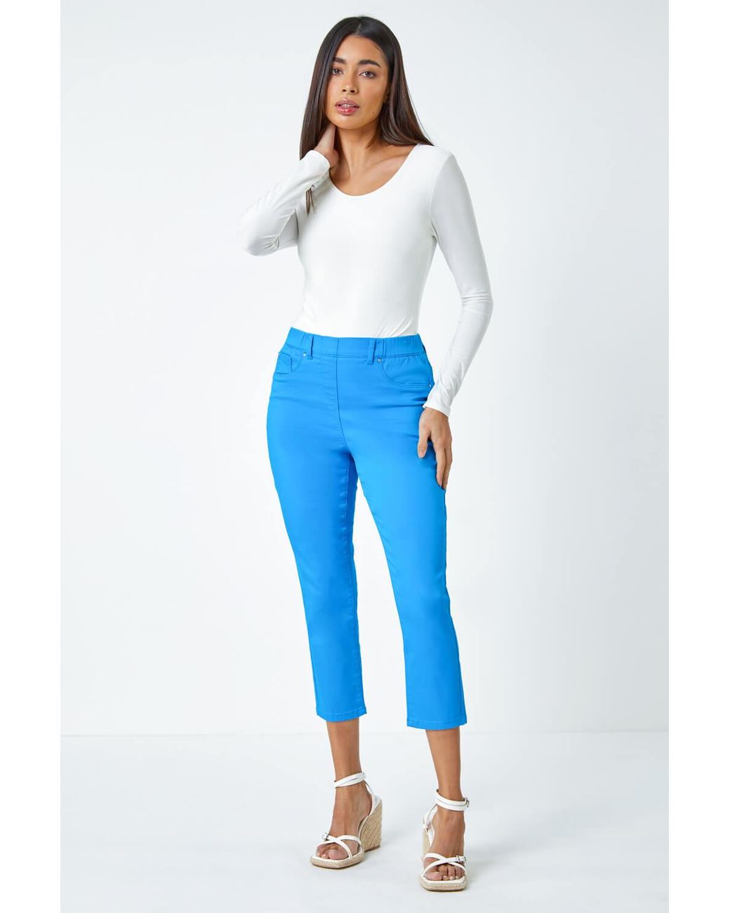 Roman Blue Denim Elastic Waist Stretch Cropped Jegging