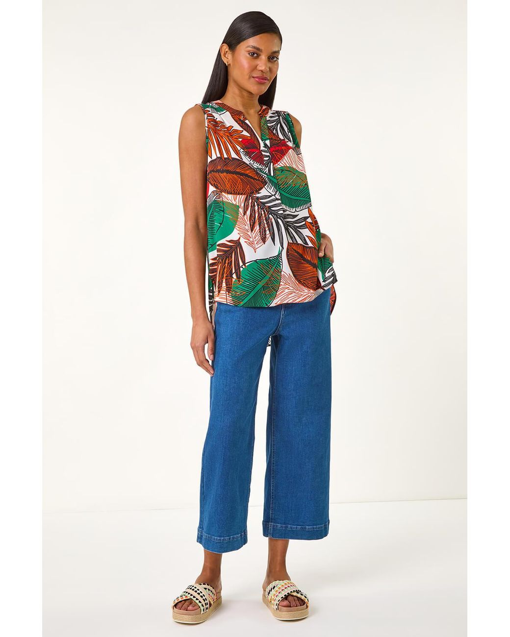 Roman White Leaf Print Pleated Vest Top