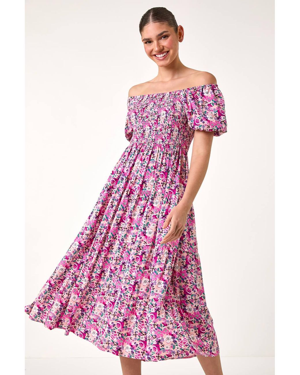 Roman Pink Ditsy Floral Shirred Bardot Tiered Dress