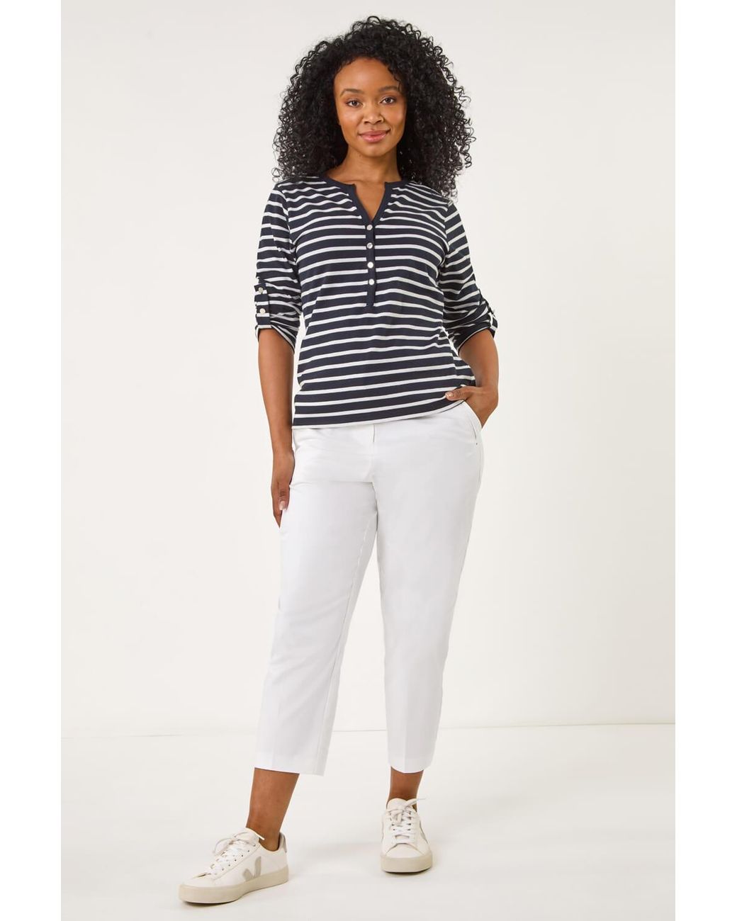 Roman Petite White Stripe V-Neck Button Top