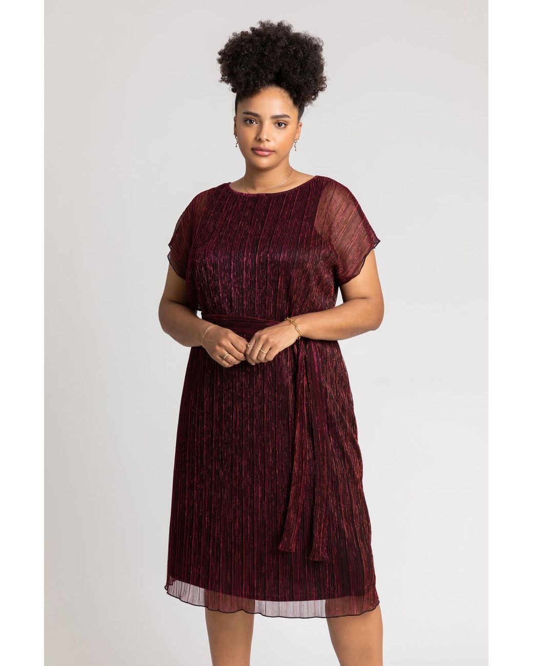 Roman Curve Red Metallic Plisse Midi Dress