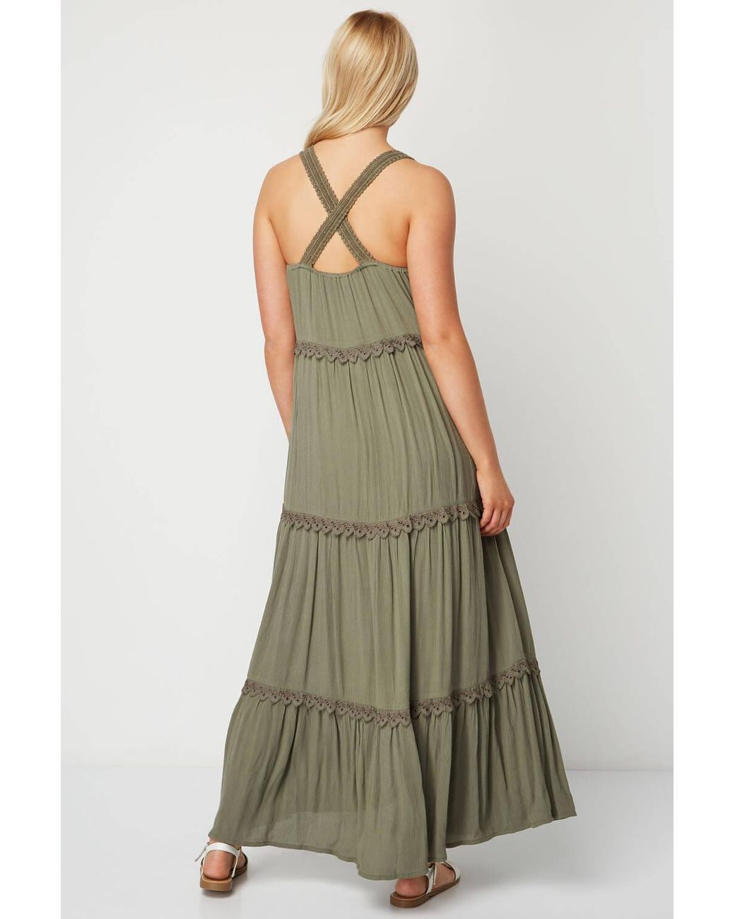 Roman Natural Tiered Lace Trim Maxi Dress