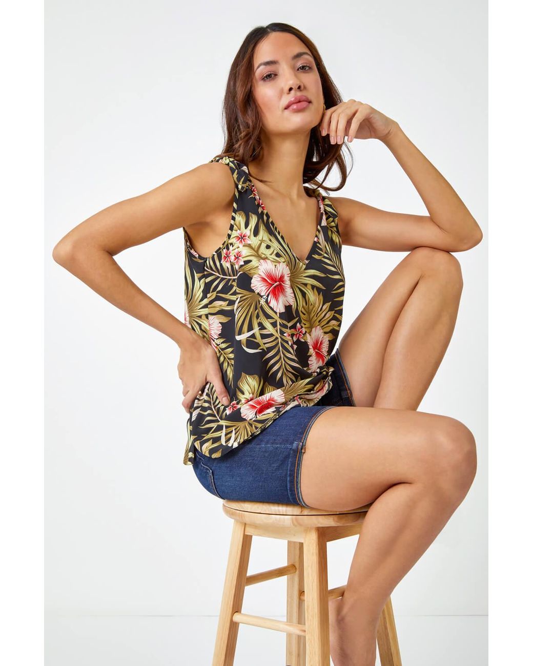 Roman Black Tropical Print V-Neck Chiffon Cami Vest Top