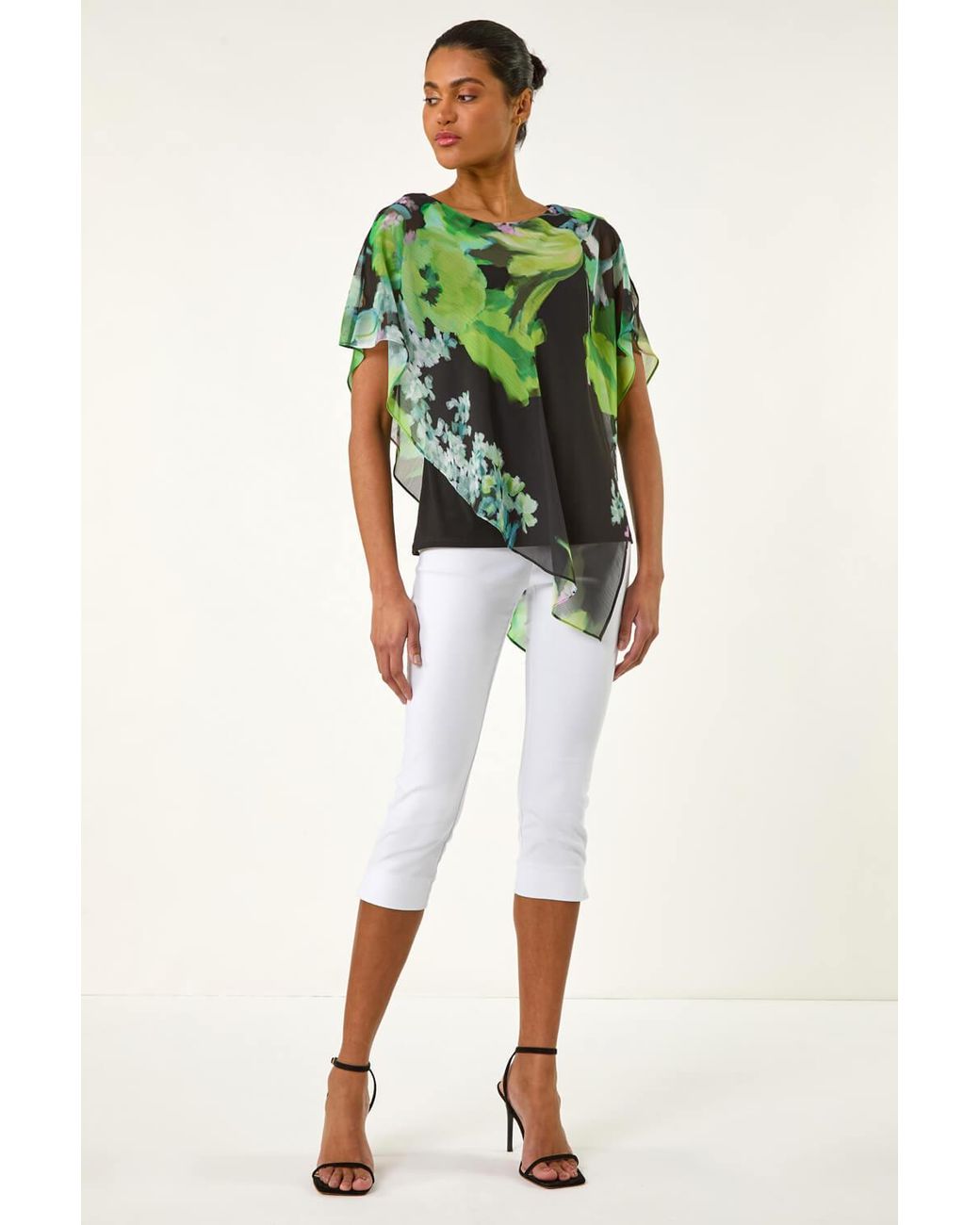 Roman Green Floral Print Asymmetric Overlay Top