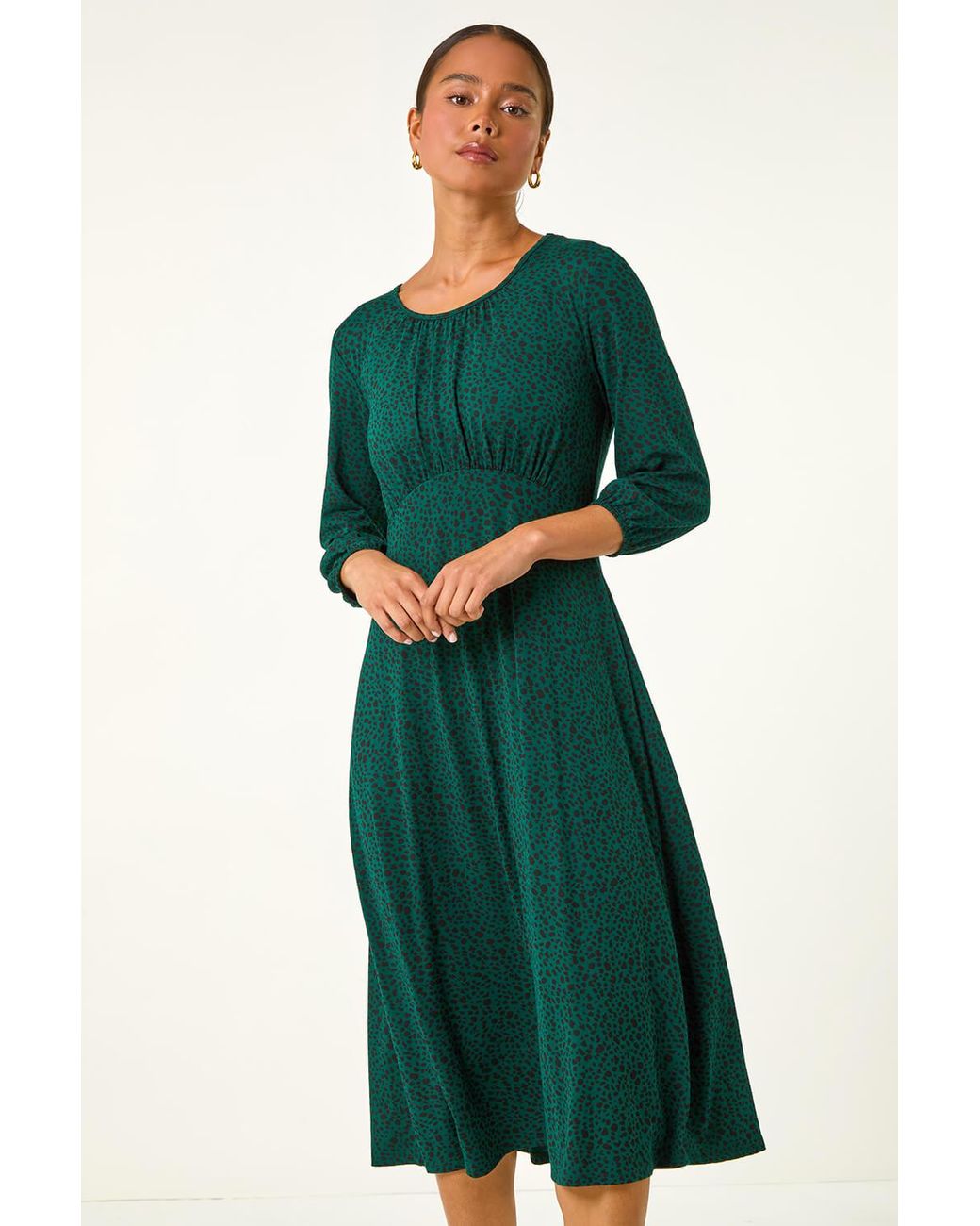 Roman Petite Green Spot Print Ruched Midi Dress