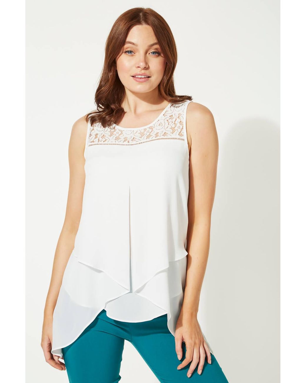 Roman White Lace Yoke Asymmetric Vest Top