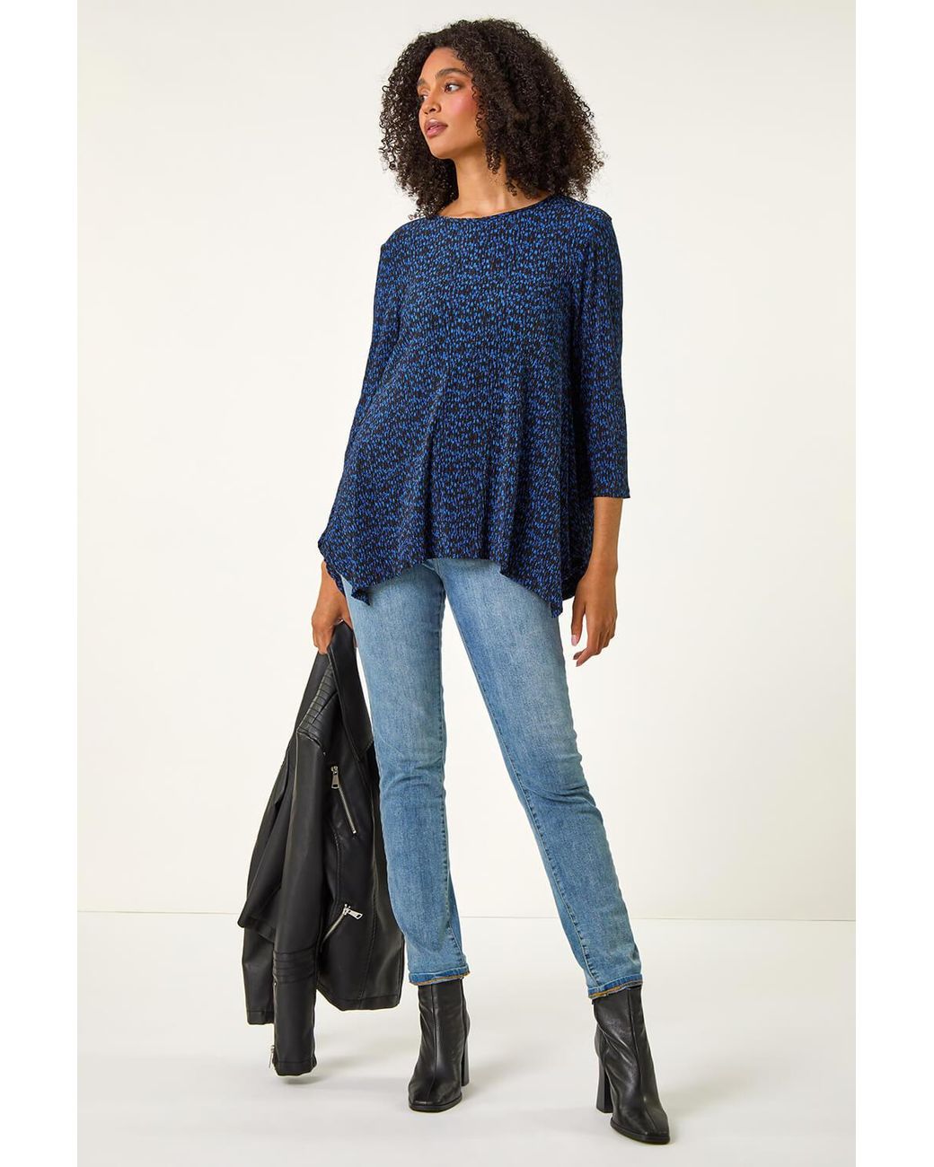 Roman Blue Printed Plisse Hanky Hem Tunic Stretch Top