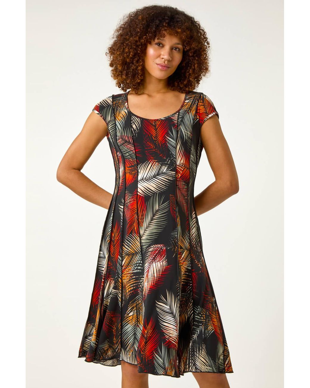 Roman Green Palm Print Panel Detail Stretch Dress