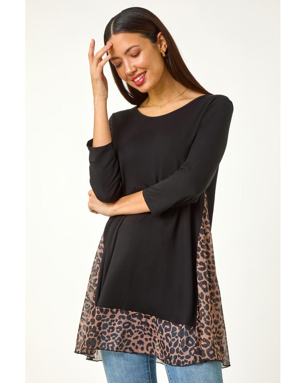 Roman Black Animal Print Mesh Hem Tunic