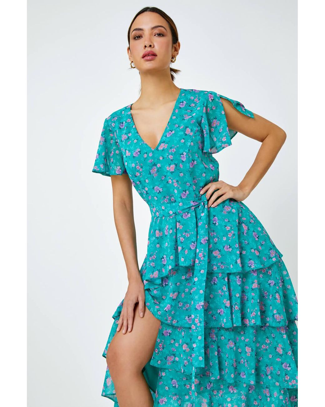Roman Blue Floral Print Chiffon Tiered Midi Dress