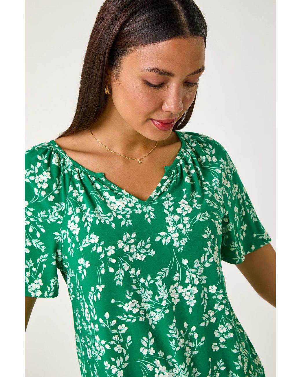 Roman Green Textured Ditsy Floral Print Stretch Top