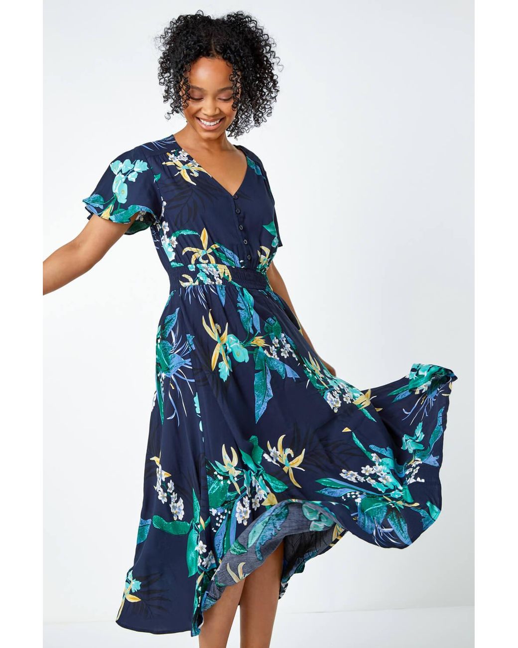 Roman Petite Blue Floral Shirred Midi Dress