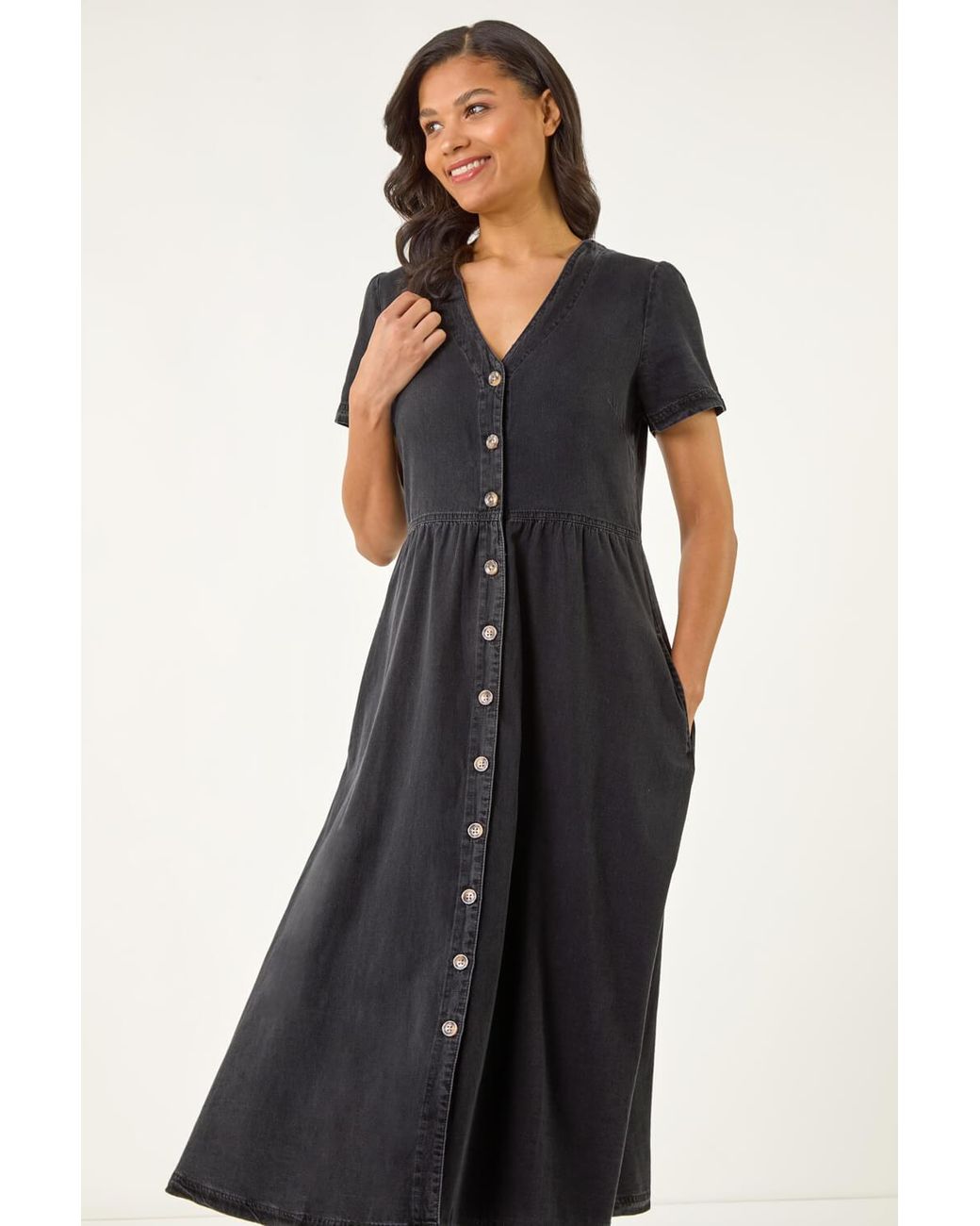 Roman Black Denim Button Through Midi Dress