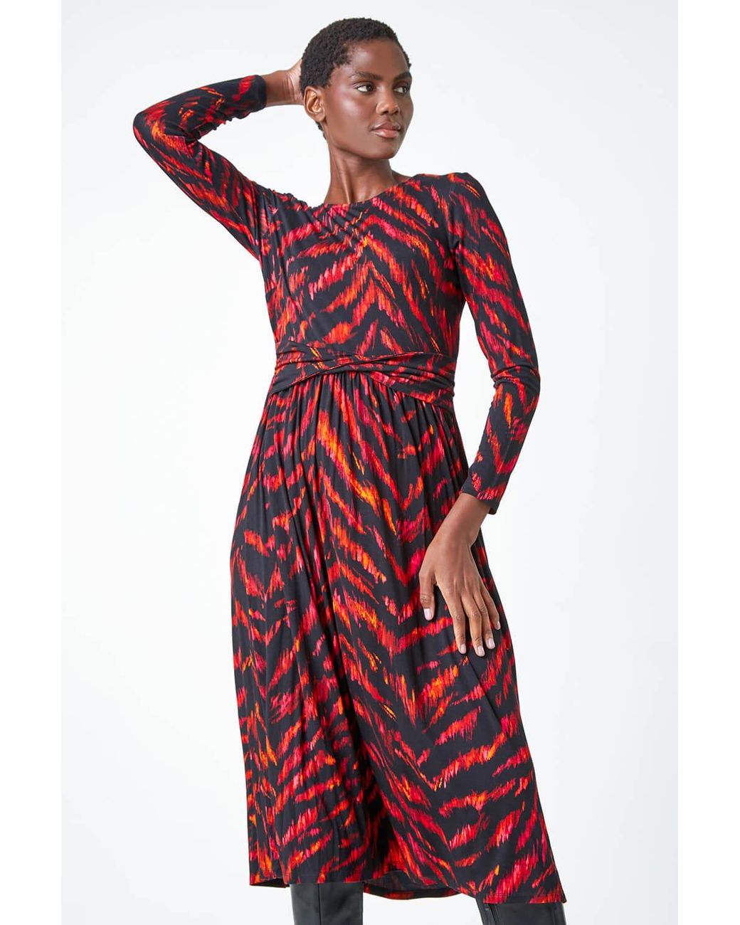 Roman Red Tiger Print Twist Waist Midi Stretch Dress