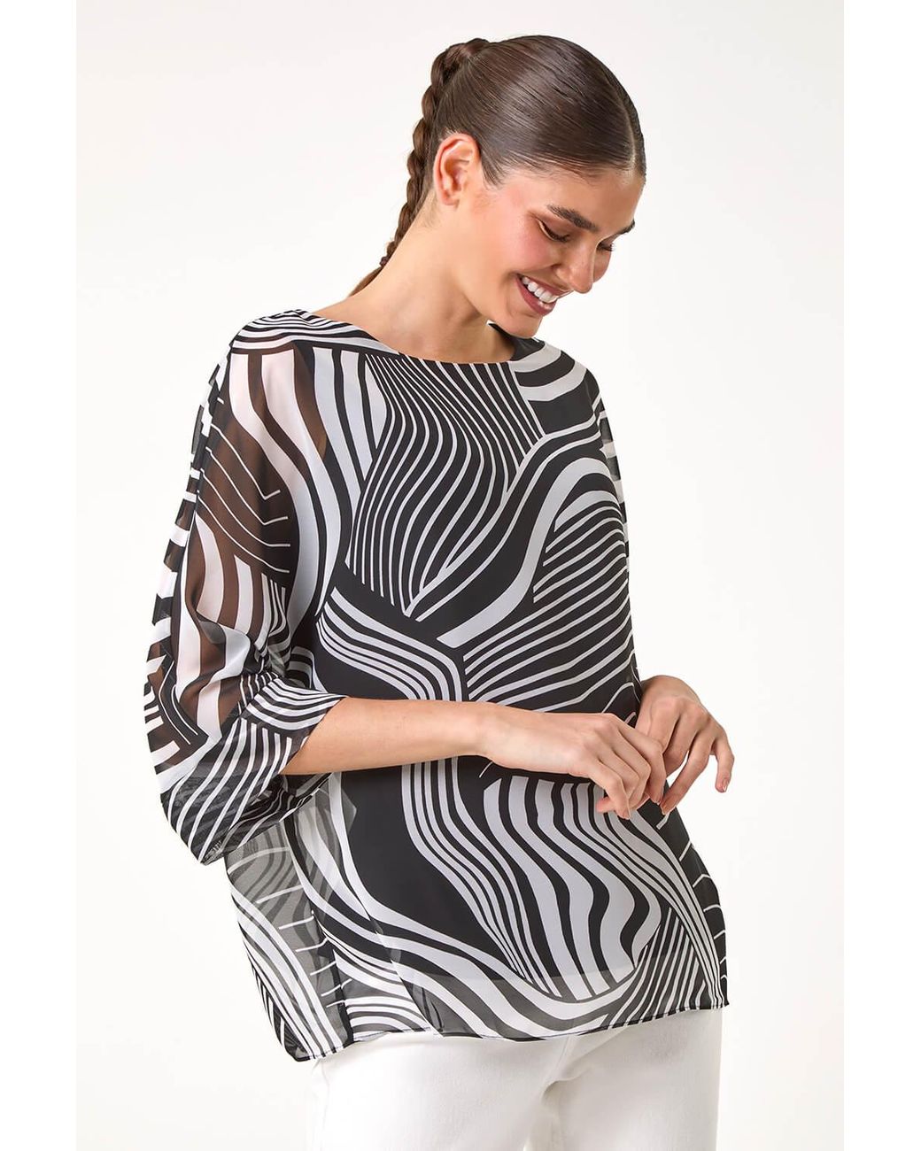 Roman Gray Linear Print Overlay Top