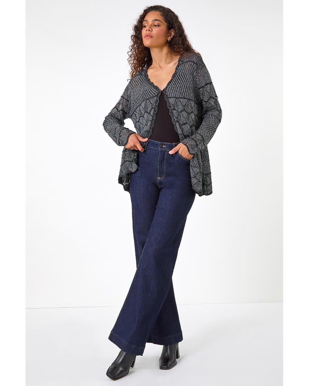 Roman Black Shimmer Crew Neck Knit Cardigan