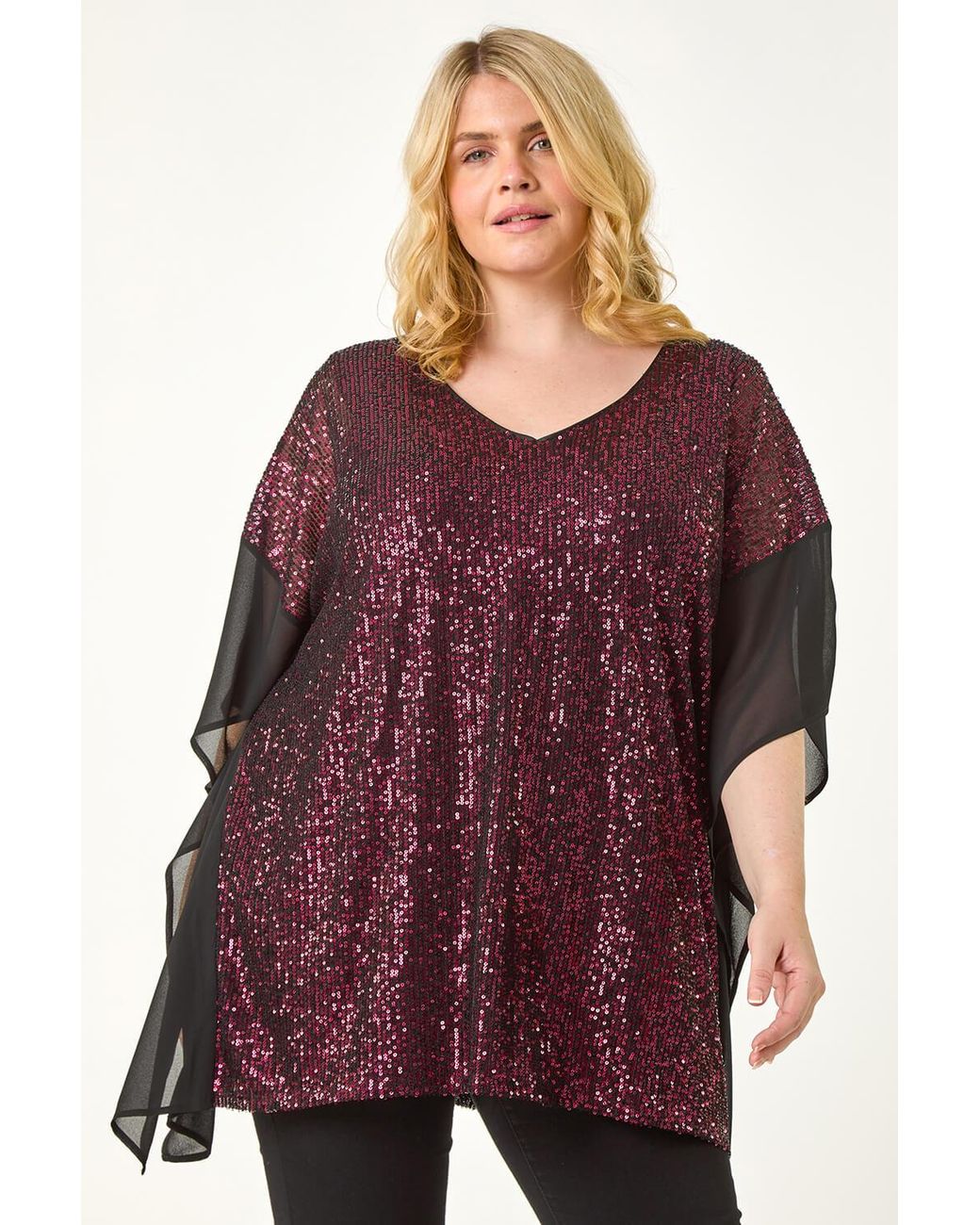 Roman Curve Red Full Sequin Chiffon Overlay Top