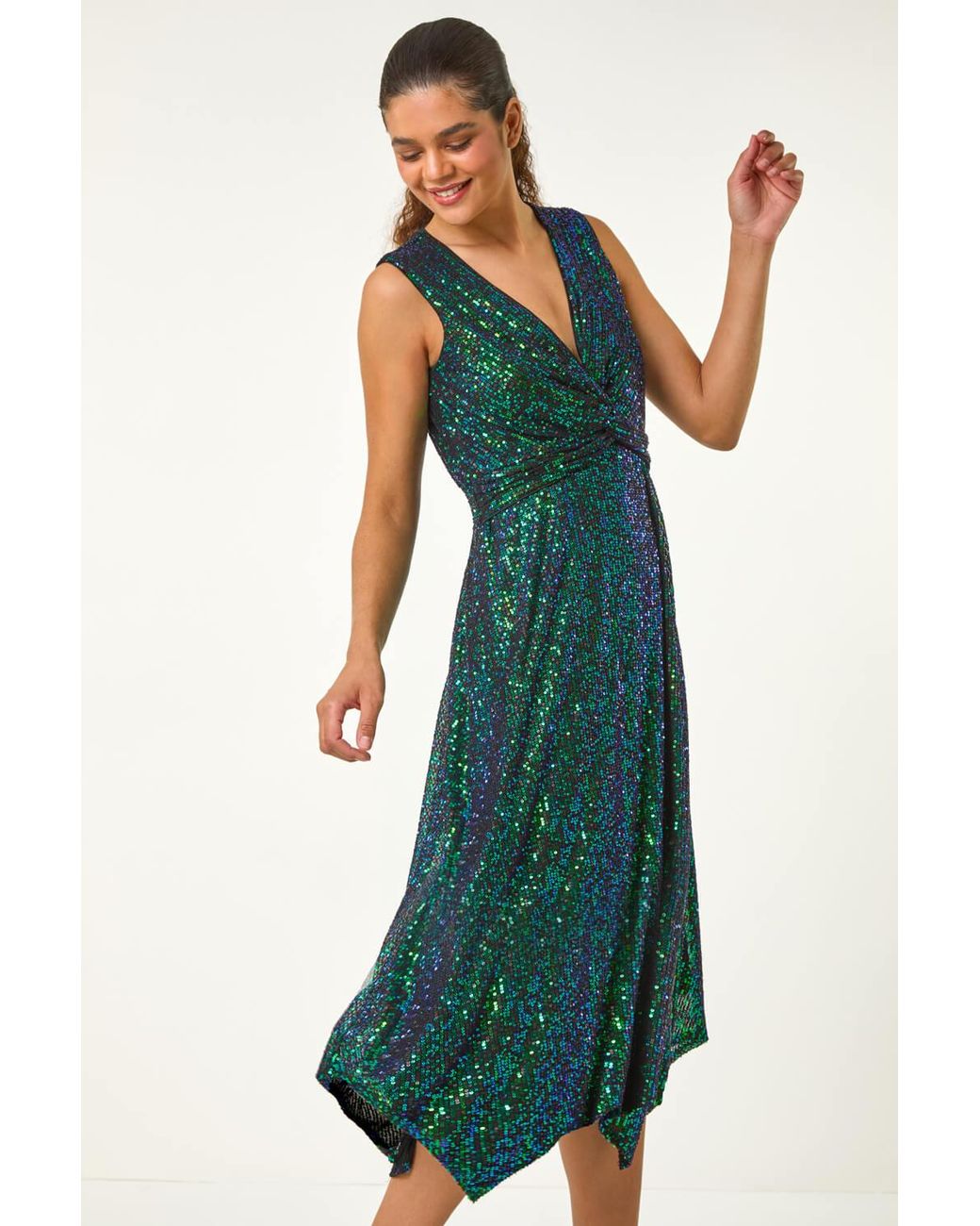Roman Green Sequin Wrap Twist Front Midi Dress