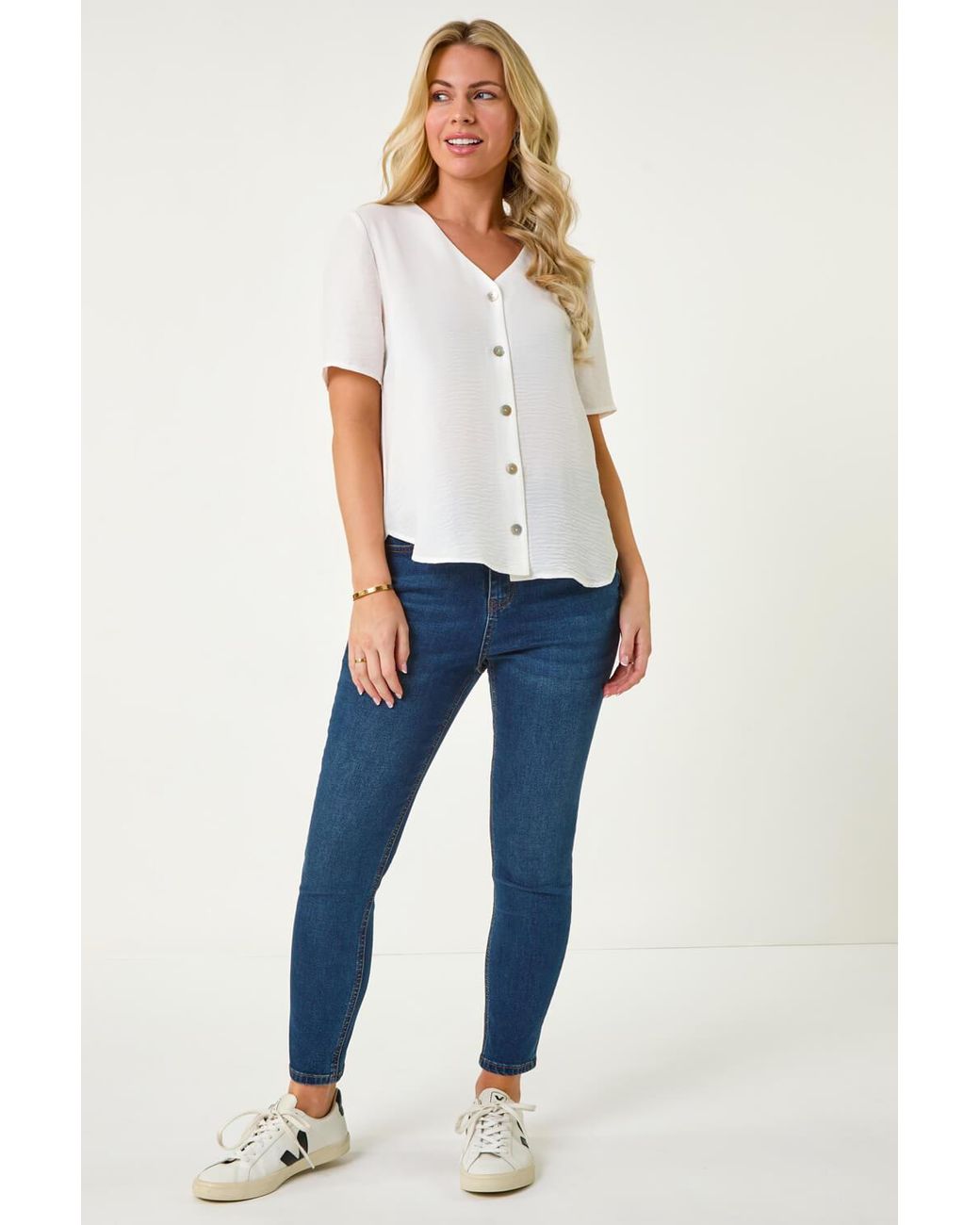 Roman Petite White V-Neck Button Through Blouse
