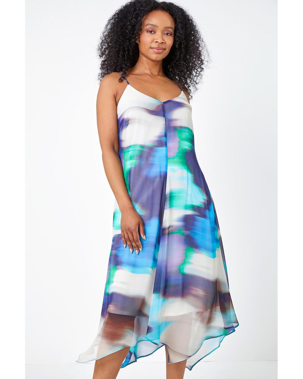 Roman Petite Blue Sleeveless Tie Dye Midi Dress