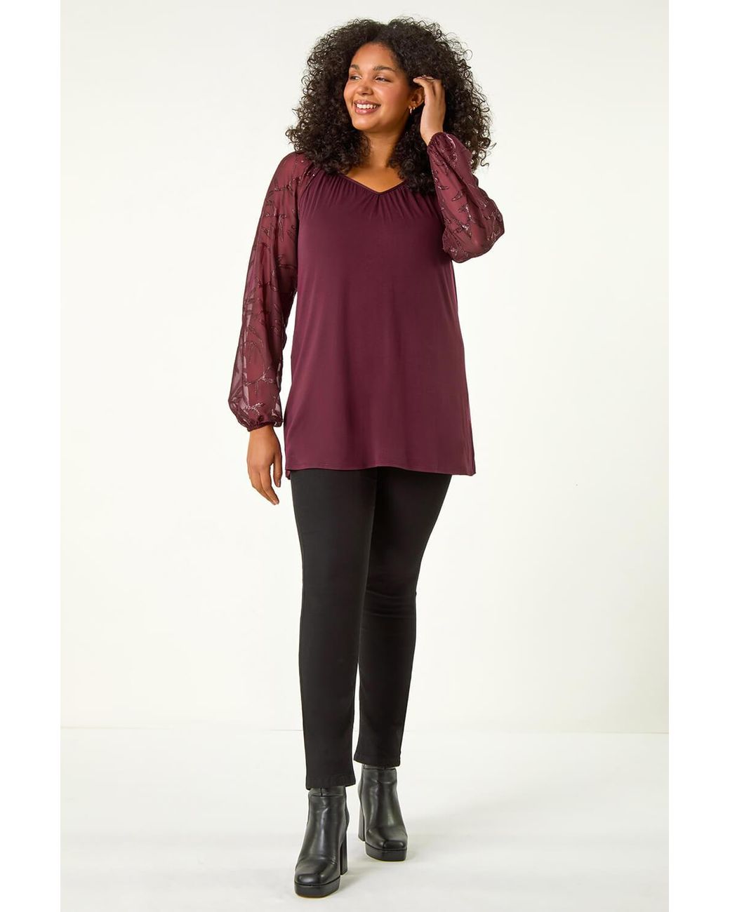 Roman Curve Red Metallic Mesh Sleeve Top