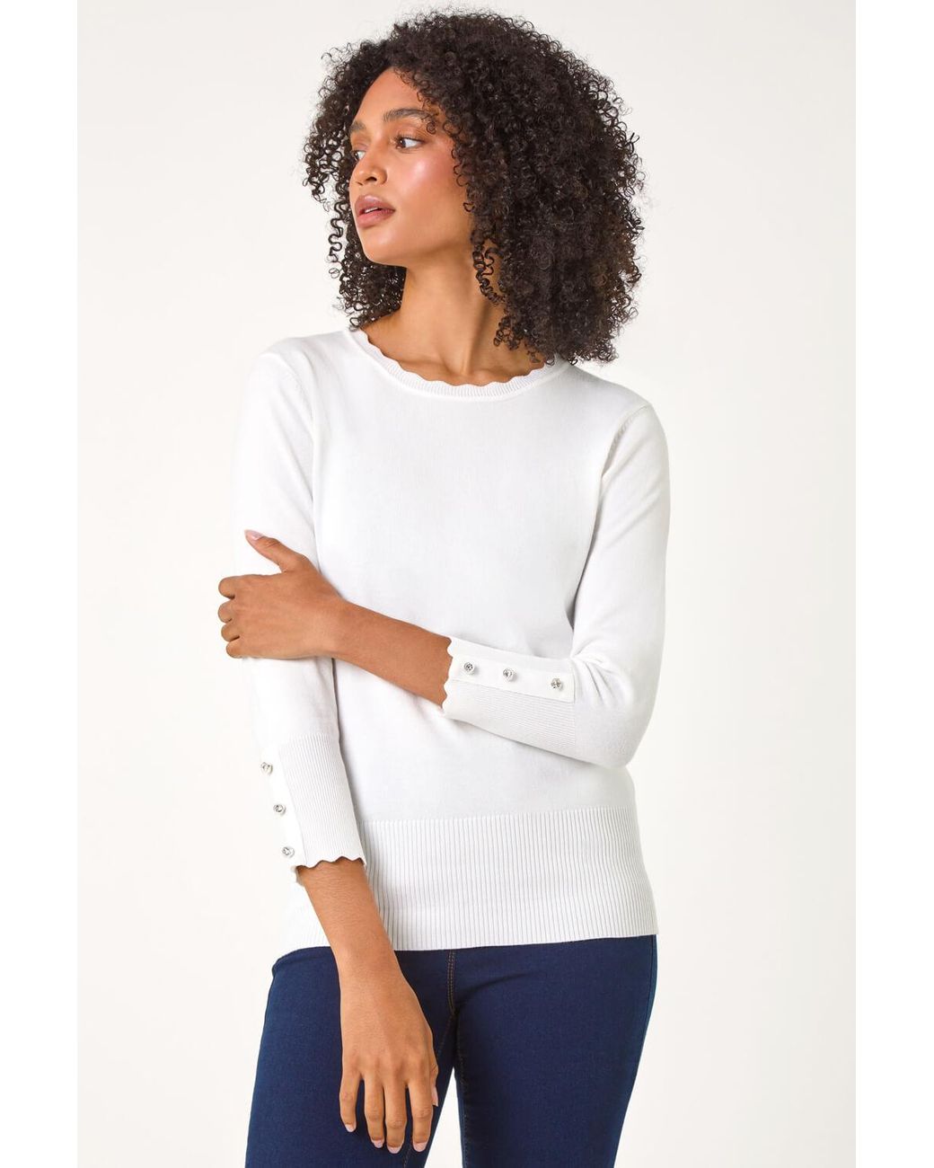Roman White Diamante Button Scallop Edge Jumper