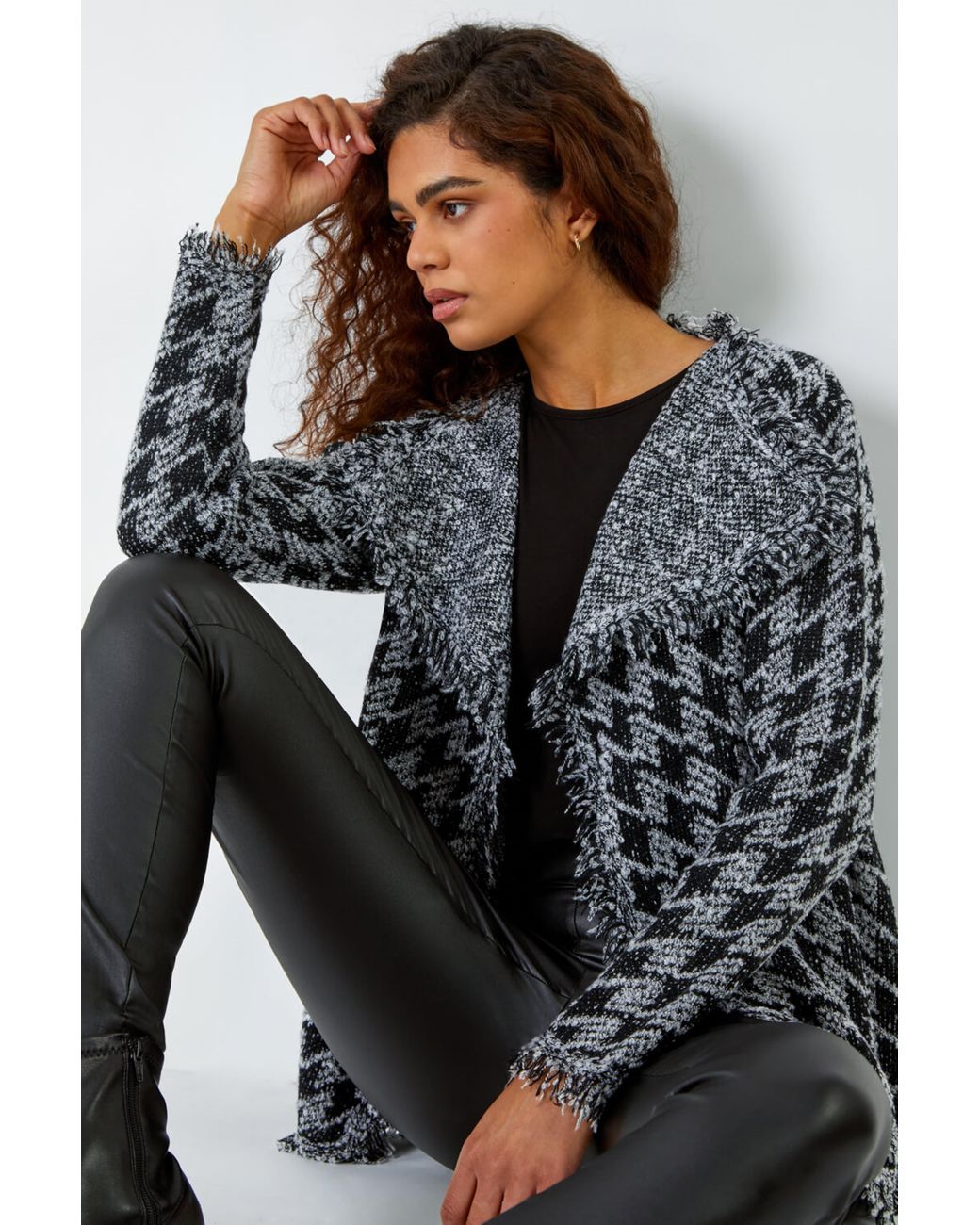 Roman Gray Houndstooth Fringed Cardigan