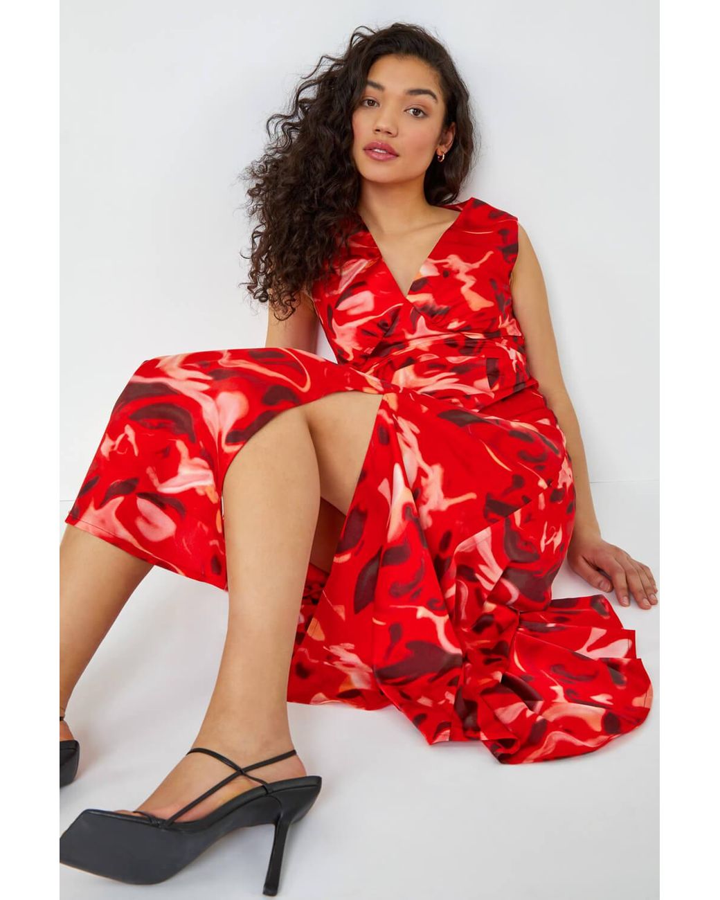 D.u.s.k Red Marble Print Chiffon Midi Dress