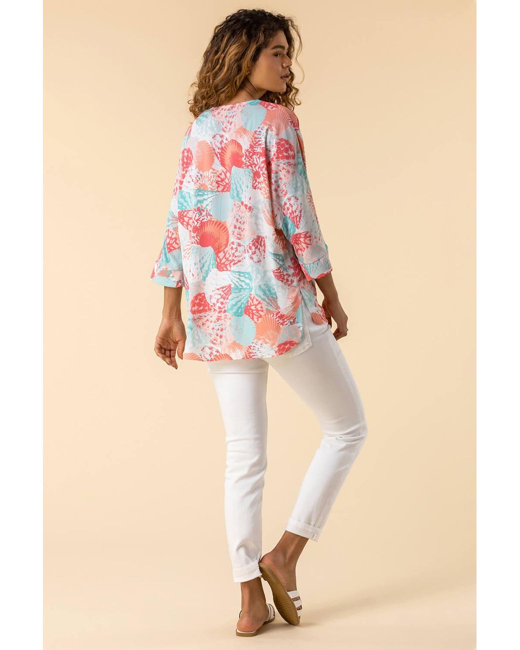 Roman Multicolor Shell Print Button Detail Kimono Tunic Top
