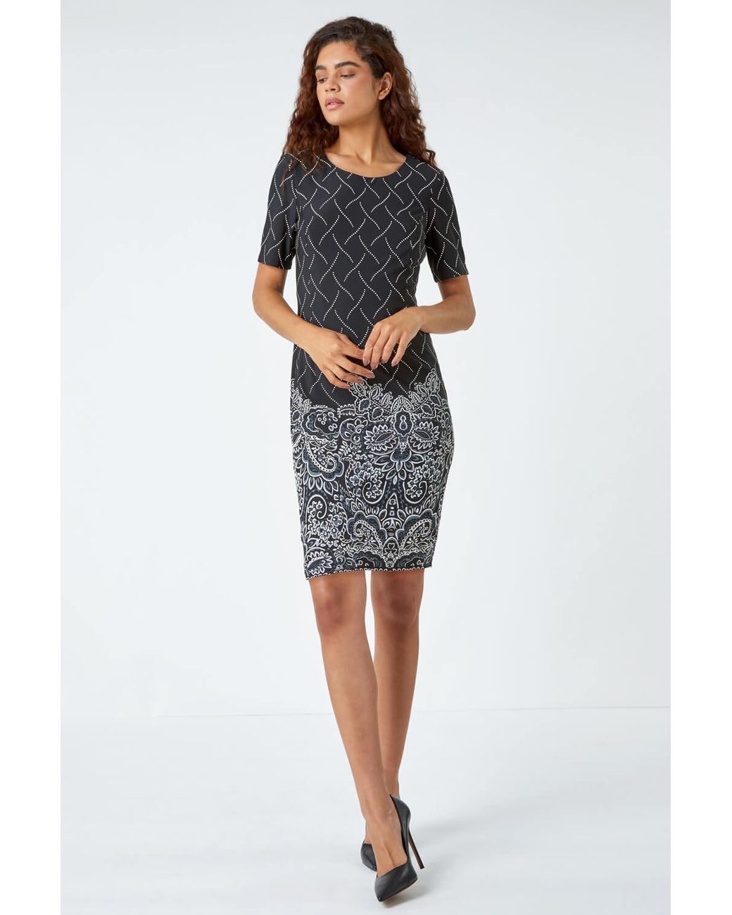 Roman Black Border Print Stretch Shift Dress