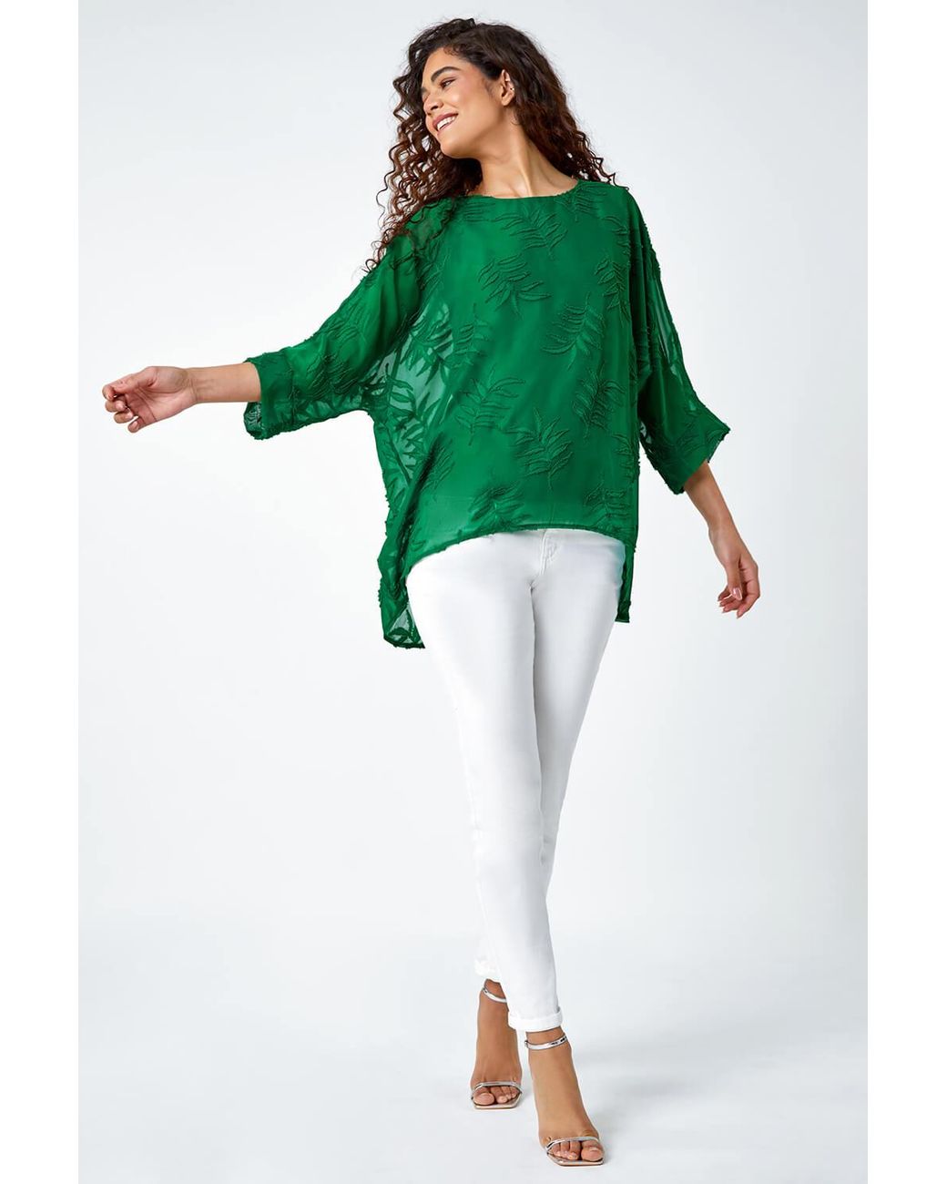 Roman Green Leaf Burnout Print Chiffon Overlay Top
