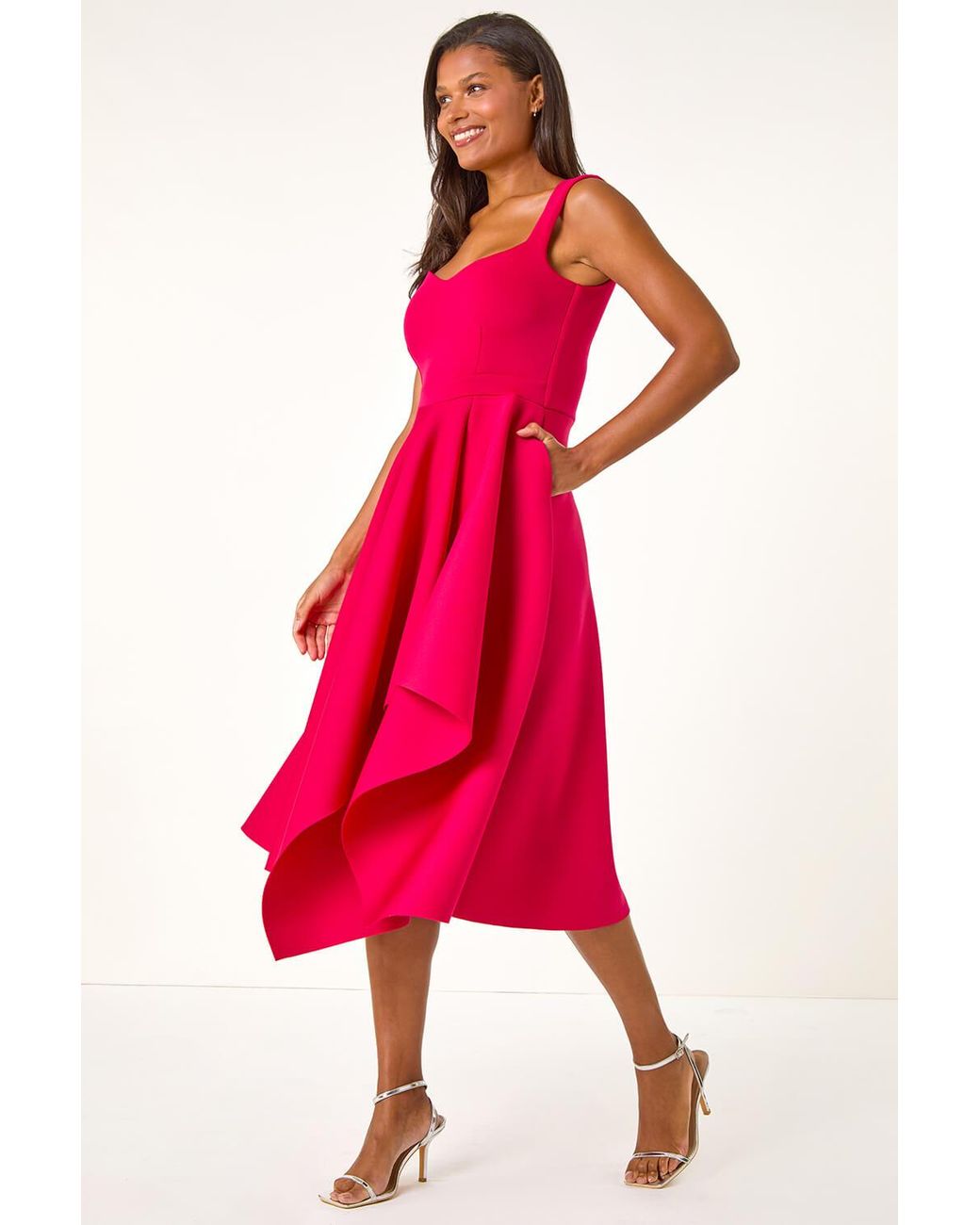 Roman Asymmetric Flared Hem Midi Dress