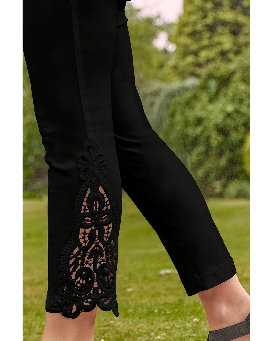 Roman Black Lace Insert Elastic Waist Crop Trousers