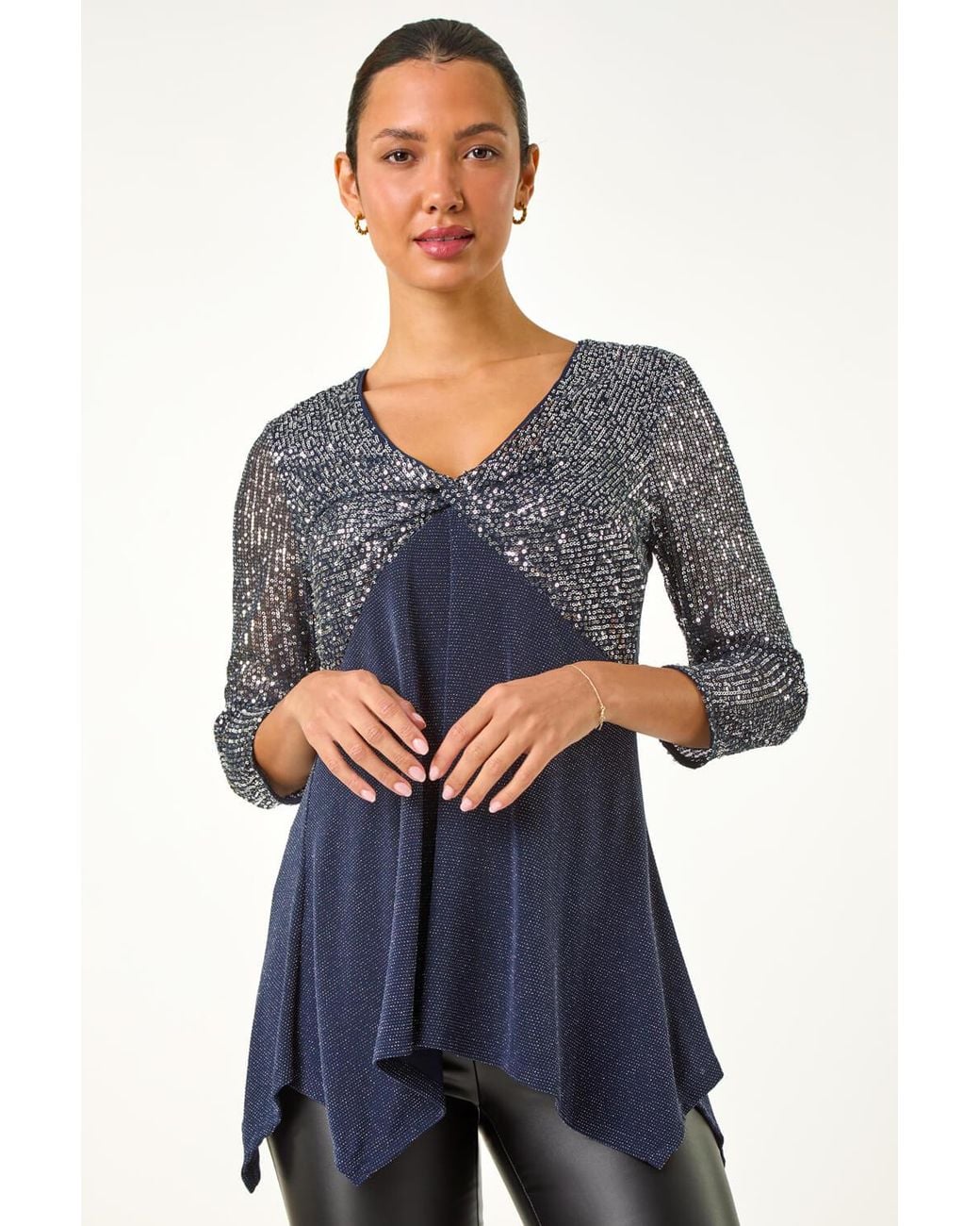 Roman Blue Sequin Bodice V-Neck Stretch Tunic Top