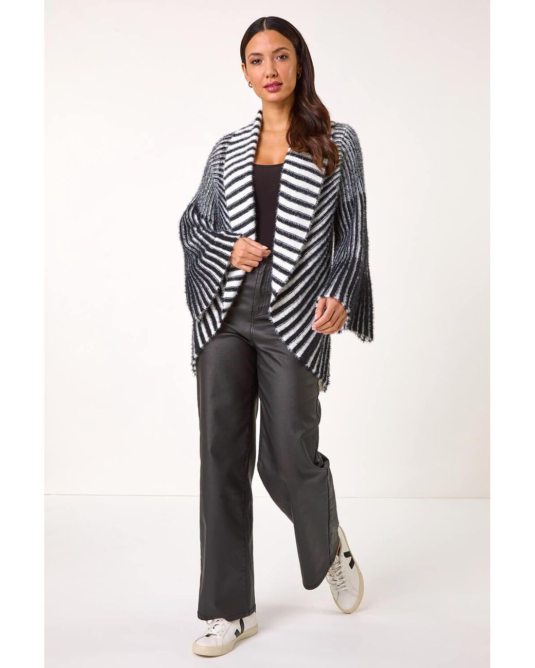 Roman Black Shawl Fluffy Striped Knit Cardigan