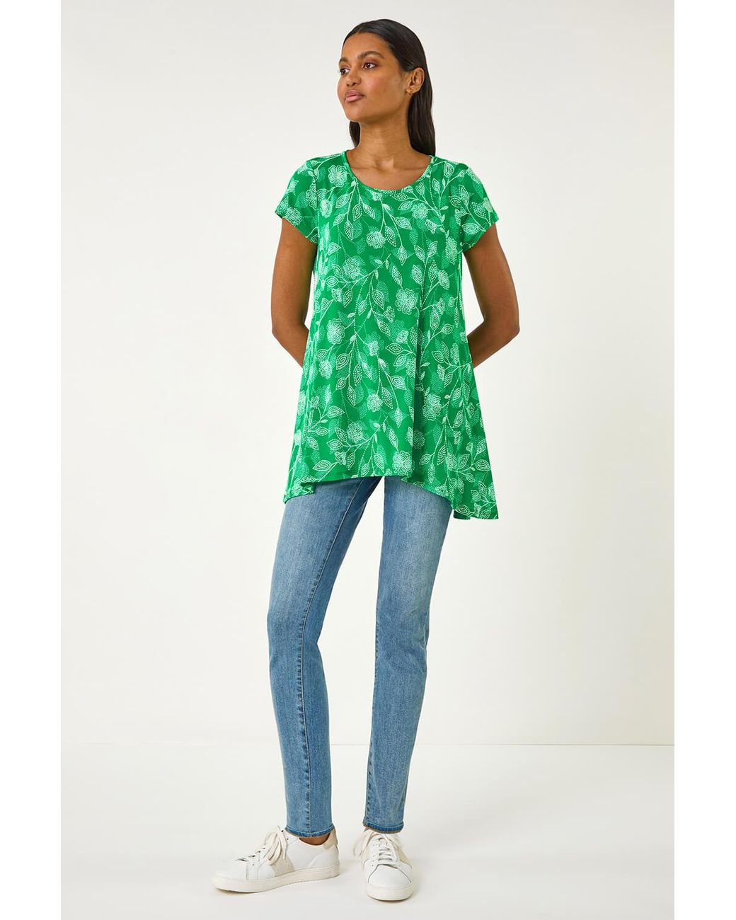 Roman Green Textured Floral Print Tunic Top