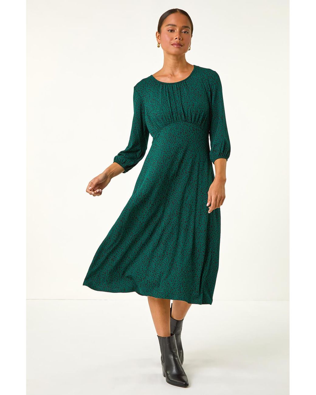 Roman Petite Green Spot Print Ruched Midi Dress