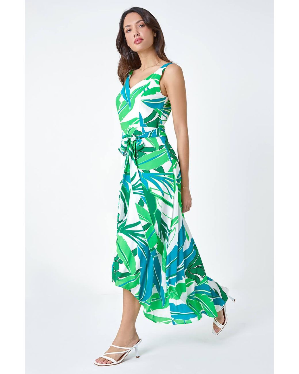 Roman Green Sleeveless Palm Print High Low Maxi Dress