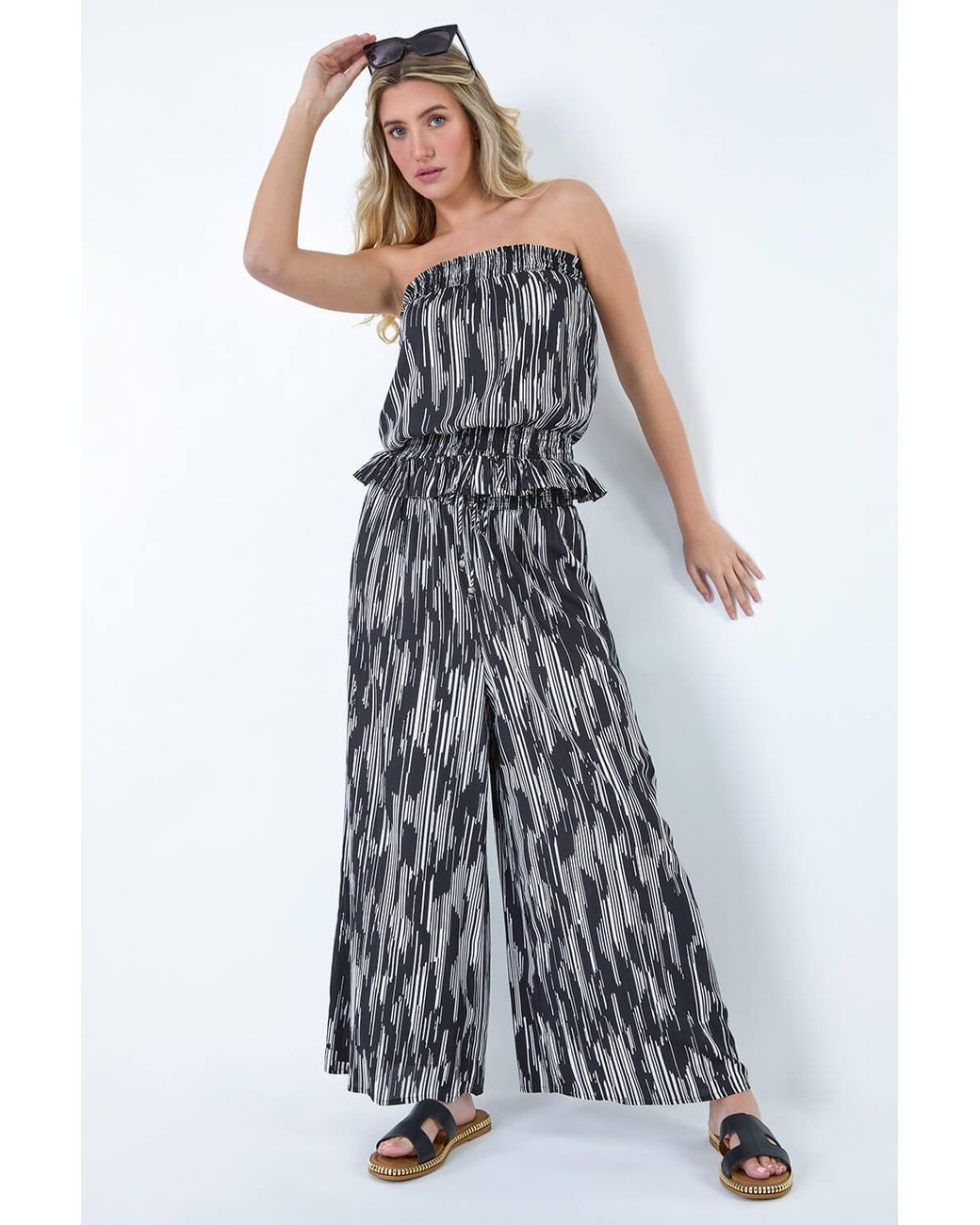 D.u.s.k White Abstract Stretch Shirrred Wide Leg Trousers