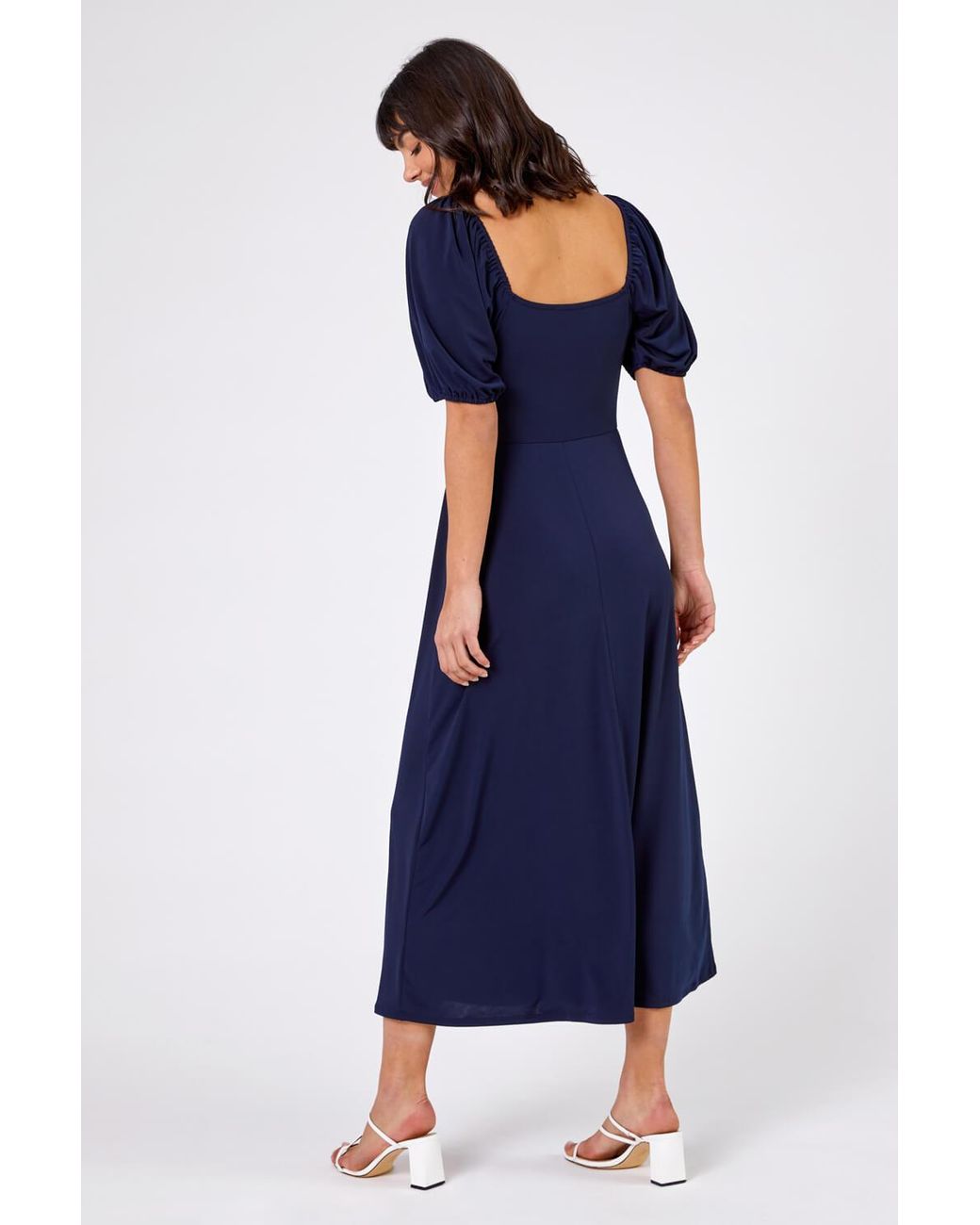Roman Blue Ruched Jersey Tie Detail Midi Dress