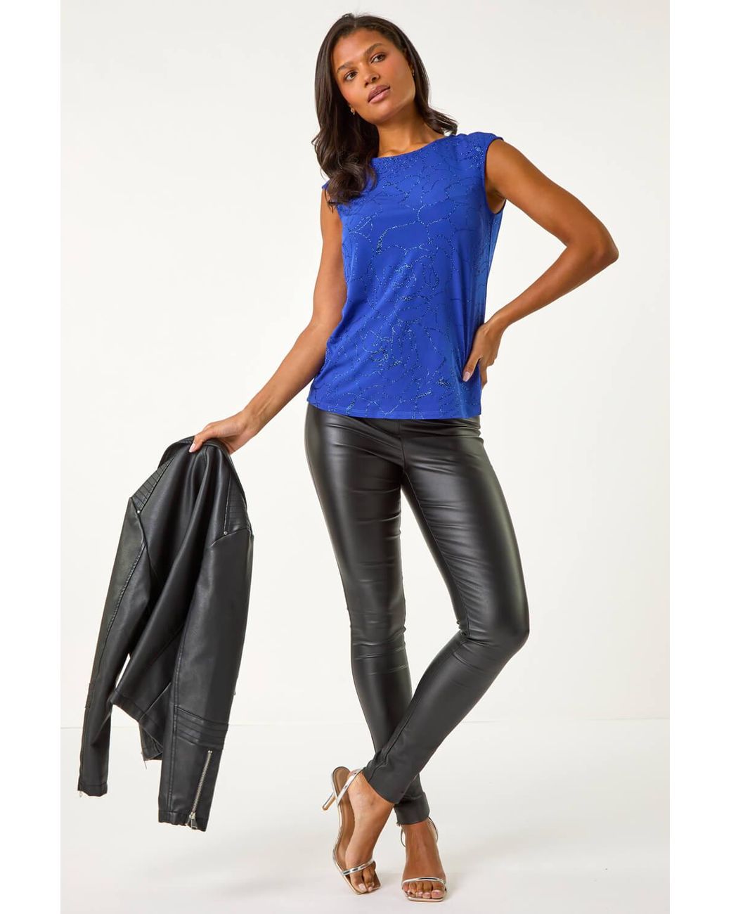 Roman Blue Glitter Rose Bow Back Top