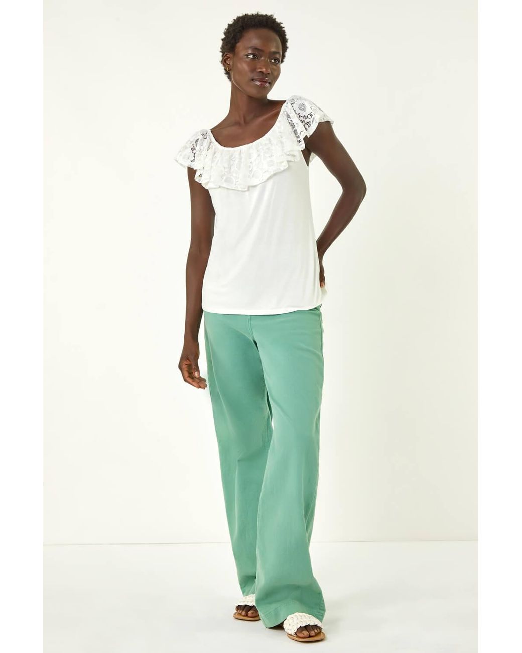 Roman Green Lace Trim Bardot Top