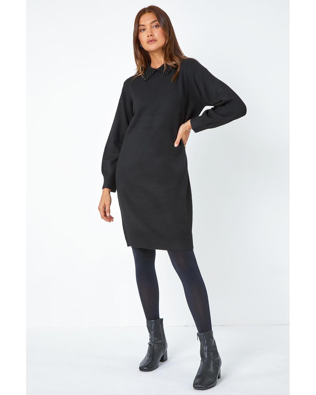 Roman Black Pearl Trim Collar Jumper Stretch Dress