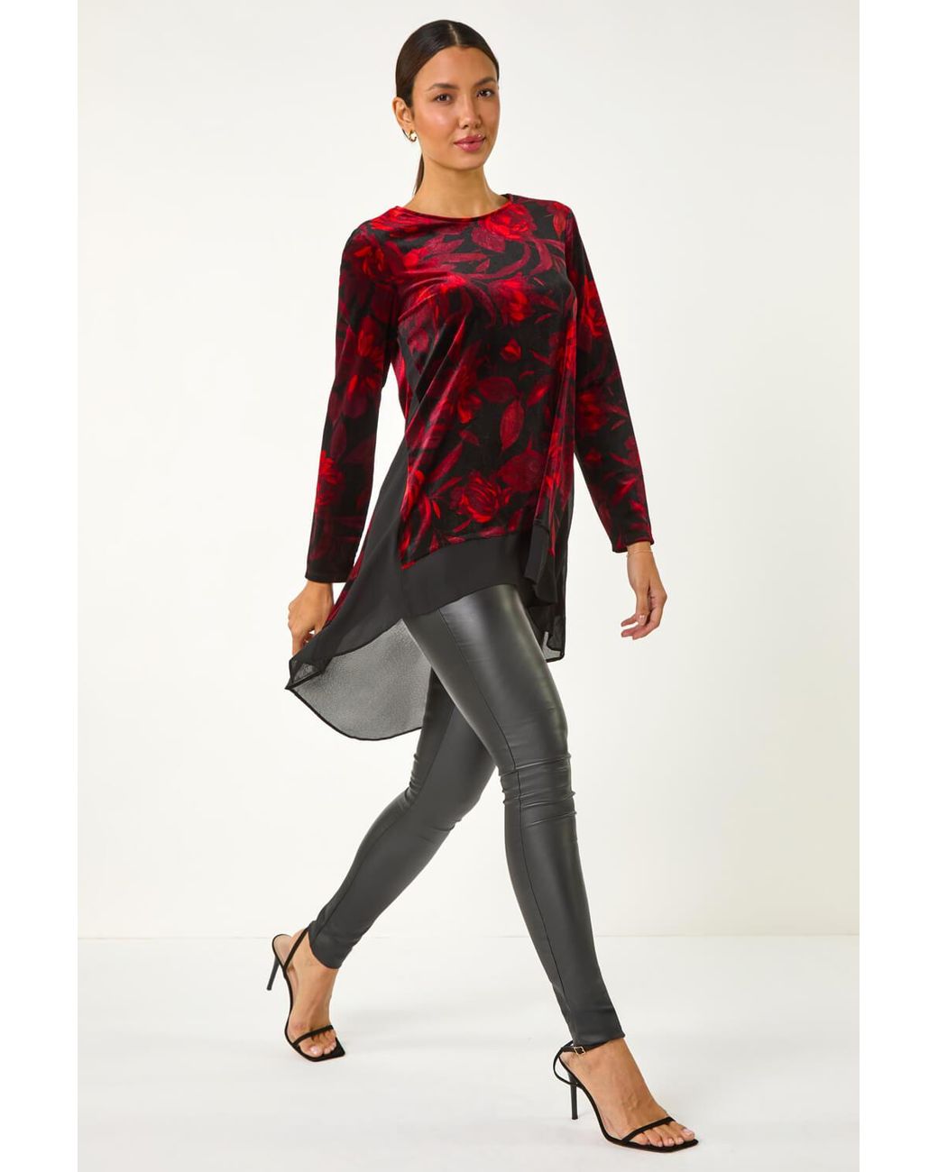 Roman Red Velvet Rose Print Chiffon Hem Top