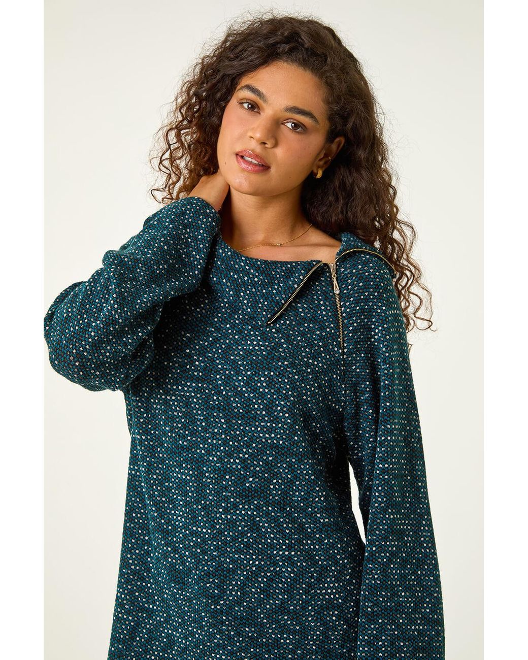 Roman Blue Printed Side Split Zip Stretch Top