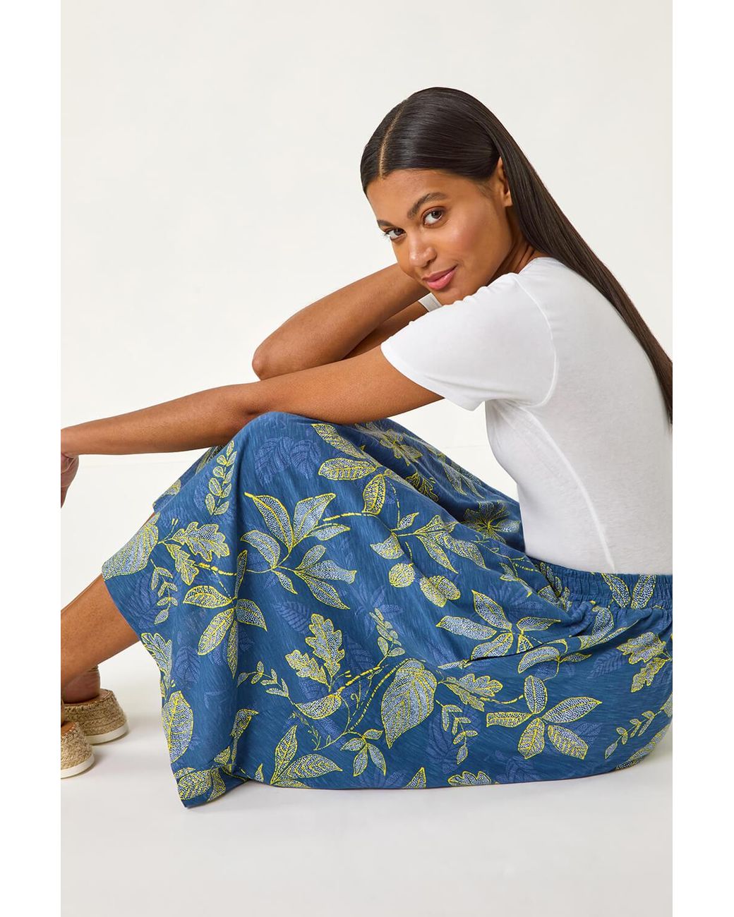 Roman Blue Leaf Print A-Line Skirt